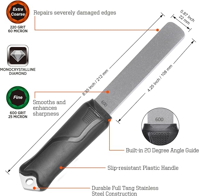 SHARPAL 120N Dual-Grit Diamond Sharpening Stone File with Angle Guide, 220/600 Grit Tool Sharpener for Lawn Mower Blades, Axes, Hatchets, Machetes, Hedge Shears, Knives, Chisels & Drills