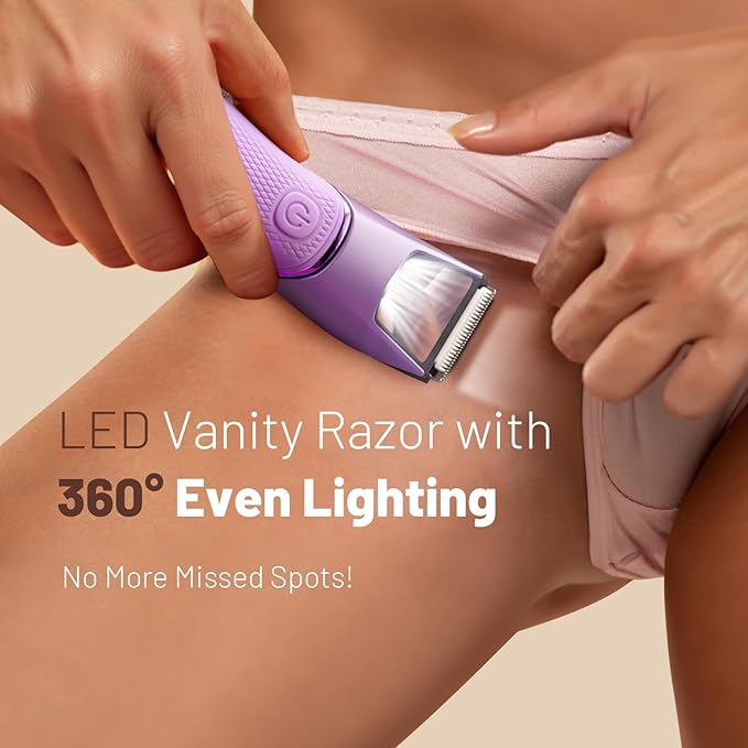Rechargeable Bikini Trimmer for Women: Pubic Hair Razor with Mirror & LED Light - IPX7 Waterproof Electric Shaver, Travel Lock & Ceramic Blades for Legs Underarm - Shocking Purple