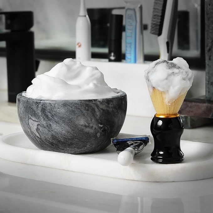 Koville Marble Shaving Soap Bowl 5'' Gray Handmade Shaving Cream Bowl, Marble Bowls For Shaving Foam, Shave Soap Bowl, Shaving Kit Bowl, Shaving Cup Gift for Men with 2 pack Shaving Brush