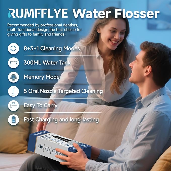 Water Dental Flosser Cordless Oral Irrigator with 300ml 5 Tips 8 DIY Modes 3 Levels 1 Pulse Portable Travle Irrigation Cleaner IPX7 Electric Irrigador Dental for Teeth Cleaning (Black)