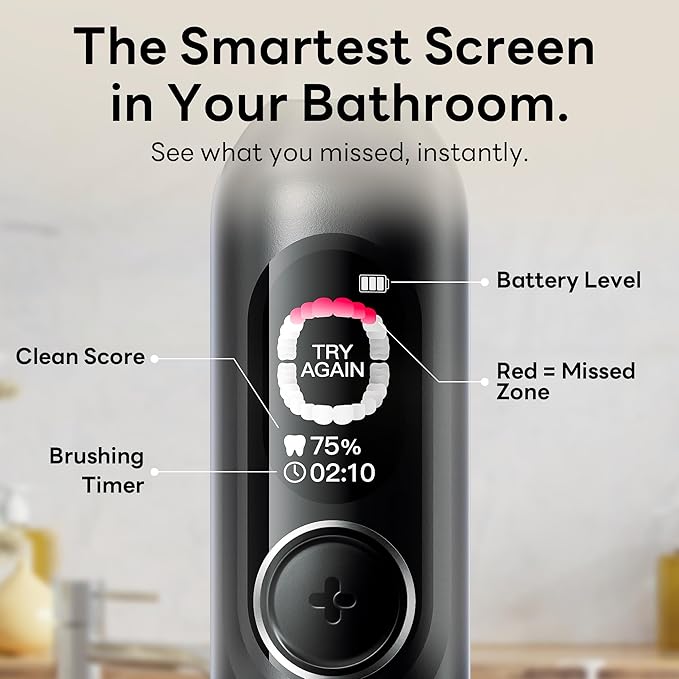 AI Sonic Electric Toothbrush for Adults with Brushing Score & Smart Timer Display, 6-Zone Tracking, Rechargeable Whitening Brush with Soft Heads (Midnight Black)