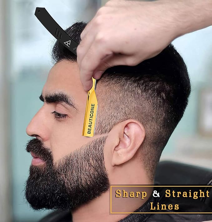 BEAUTICONE Straight Razors for Men, Straight Edge Razor, 100 Single Edge Blades, Stainless Steel, Barber Razor for Men's Shaving, Barber Shaving Knife, Slide-Out
