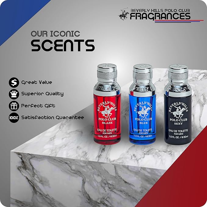 Beverly Hills Polo Club Men's Fragrance Gift Set - 3-Piece Long-Lasting Eau de Toilette Collection - Blaze, Blue, Sexy Scents - Affordable Luxury Cologne for Him