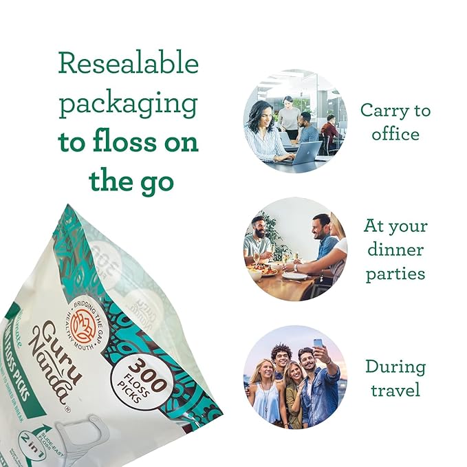 GuruNanda 2 in 1 Dental Floss Picks for Oral Care, PFAS Free – Non-Slip Grip, Slide Easy, No Break or Shred Flosser with Interdental Pick for Healthy Teeth & Gums – Mint Flavor, 300 Count (1 Pack)