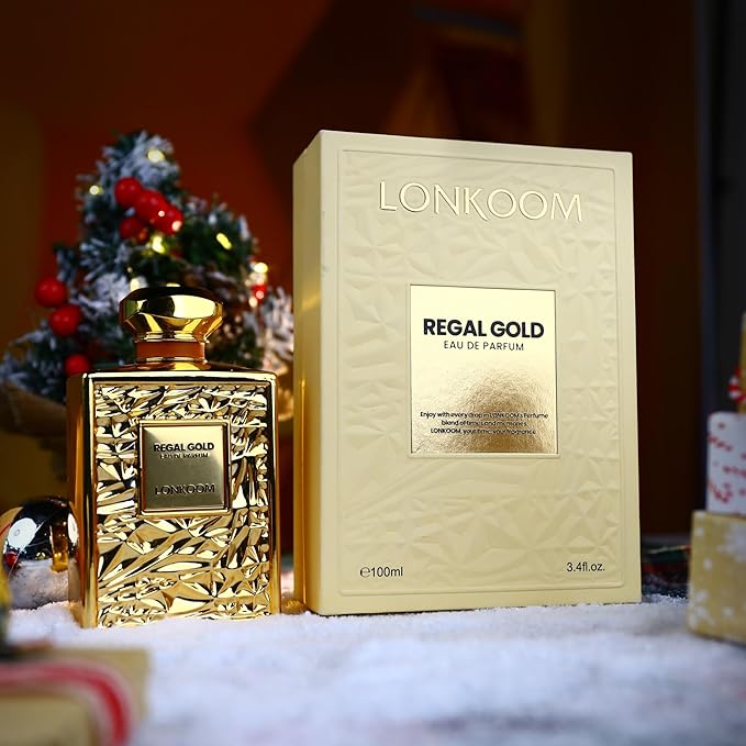 Lonkoom Regal Gold Unisex Perfume for Women Men, Fruity Gourmand Eau De Parfum Spray Long-Lasting Fragrance 3.4 Fl Oz/100ml, Tropical Notes of Orchid Heliotrope Tangerine Vanilla Musk Sandalwood