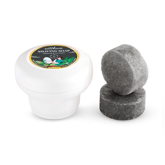 Satthwa Organic Shaving Soap Puck infused with Charcoal & Lavender | Create the Perfect Lather | Excellent for Silky Smooth Shaves | Cleansing & Nourishing, For Men & Women - 50gx2 (1.7oz x2)