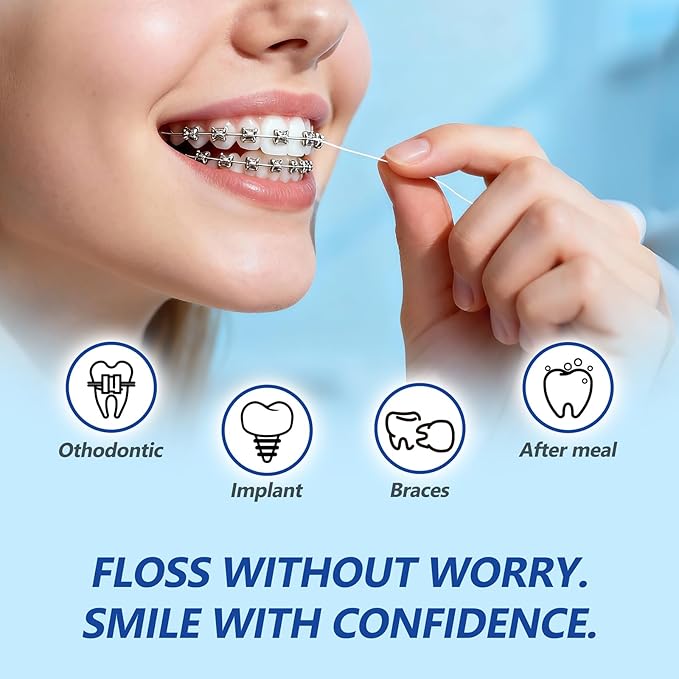 3-in-1 Orthodontic Floss for Braces, 160 Pre-Cut Strands with Threader & Spongy Brush, Specialized Teeth Cleaning for Teens and Adults with Bridges or Implants, 2 Pack