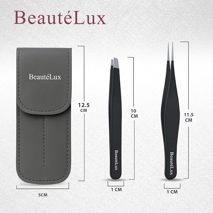 Precision Tweezer Set, Pointed tip & Slant Tip Tweezer for women & men, Stainless Steel eyebrow Tweezers, Stocking Stuffer, tweezer for Chin hair, Ingrown Hair Removal, Black tweezers with case