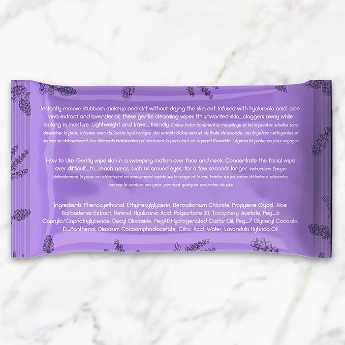 BeautyFrizz Lavender Face Wipes - 240 pcs - Gentle Makeup Remover Wipes for Women - Facial Cleansing Wipe with Aloe, Castor, Vitamin A and E - Extra Soft - Moisturizing