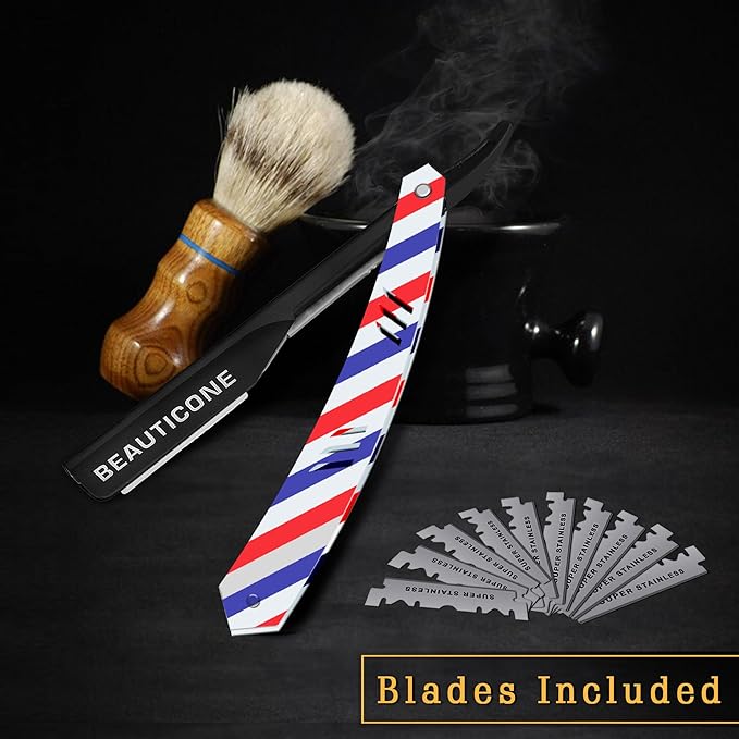 BEAUTICONE Straight Razors for Men, Straight Edge Razor, 100 Single Edge Blades, Stainless Steel, Barber Razor for Men's Shaving, Barber Shaving Knife, Slide-Out