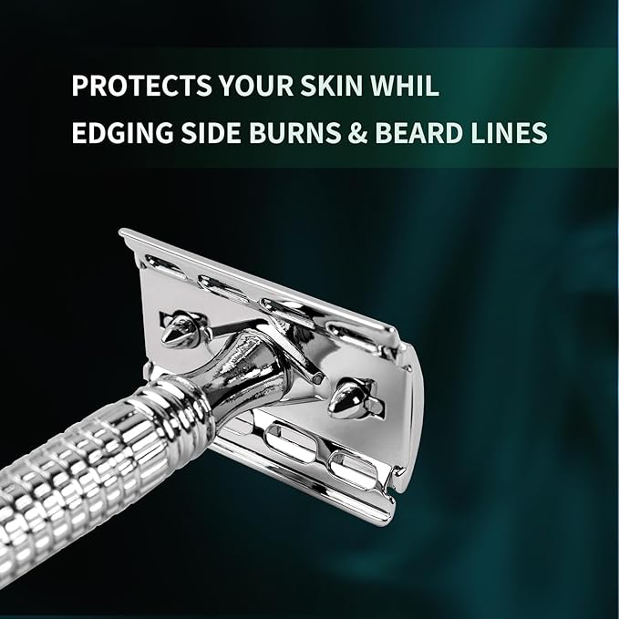 Safety Razor for Men and Women, Reusable Metal Razors, with 10 Platinum Safety Razor Blades, Face Razors for Men Shaving, Sustainable Hair removal and shaving cleaning tools, Metallic Silver