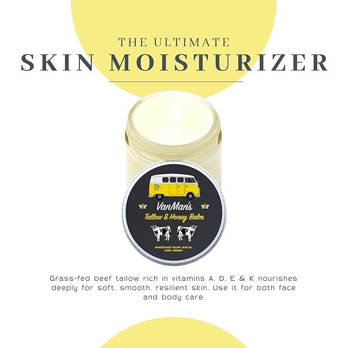 Vanman's Tallow and Honey Balm With No Added Scent - Beef Tallow Face Moisturizer with Grass-Fed/Finished Beef Tallow for Skin, Organic Raw Honey and Beeswax, Cold Pressed Olive Oil - 2 oz