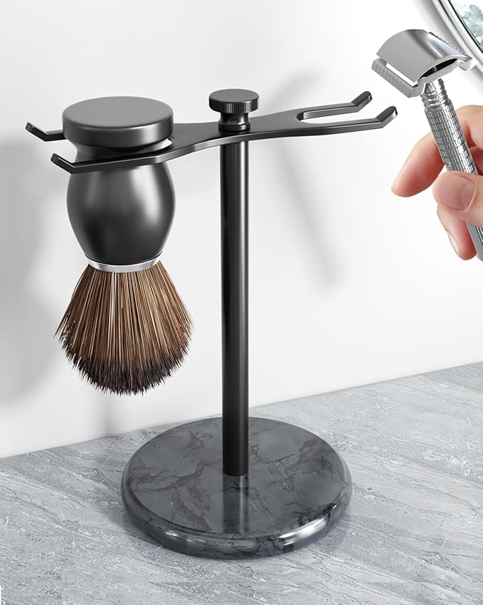 pickpiff Safety Razor Stand with Brush Holder, Marble Base with Black Metal Holder Heavy Duty, Extra Wide Openings, Fits Most Brushes and All Kinds Of Razors