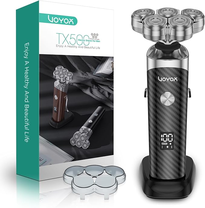 VOYOR Electric Razor for Men - 5D Floating Shavers for Men Magnetic Electric Shaver Rechargeable Face Shaver LED Display Wet Dry Shaving IPX6 Waterproof Mens Rotary Razor TX500 (Black)