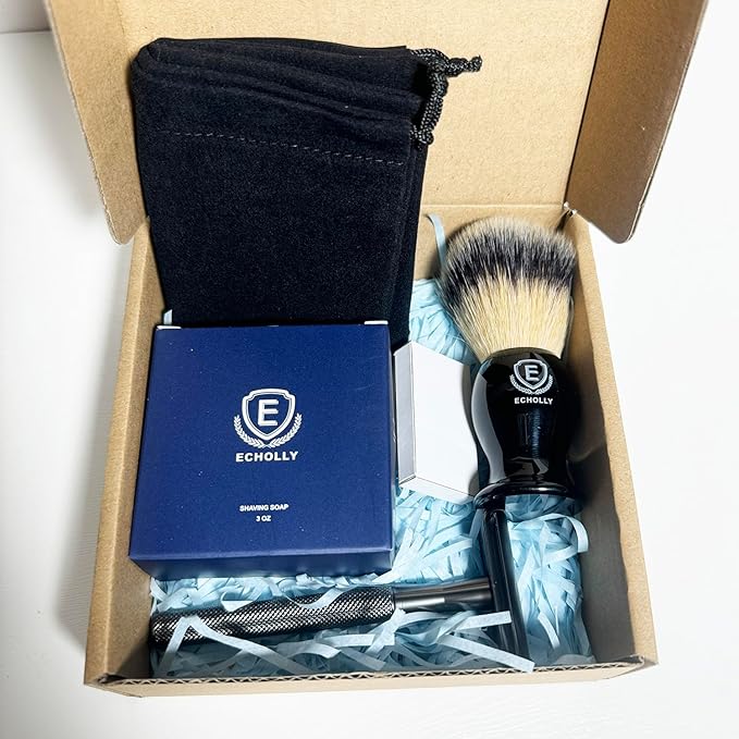 Wet shaving kit Men's Travel - Essential Shaving Brush Set - with Shaving Brush, Sandalwood Scented Shave Soap, High - Quality Zinc-Alloy Razor, Travel Bag & Gift Box