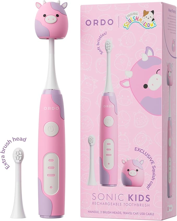 ORDO Squishmallows Electric Toothbrush, Sonic Toothbrushes for Kids, Rechargeable, 3 Brushing Modes, Over 5 Weeks Battery Life Extra Brush Head Included, Gift for Kids Aged 4 Years and Up, Patty