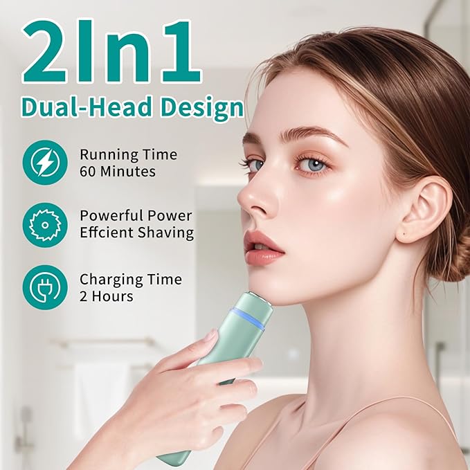 Bikini Trimmer for Women,Painless Rechargeable Electric Razor Remover,2-in-1 Dual Heads Facial & Pubic Hair Removal for Ladies Pubic,FaceUnderarms,Legs Valentine's Day Gift Green