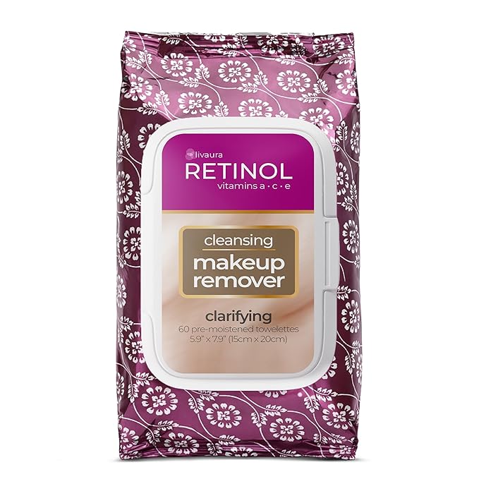 LIVAURA Retinol Anti-Aging Cleansing Towelettes – All-in-One Cleanser, Toner & Makeup Remover in a Convenient Pre-Moistened Wipe – On-The-Go Exfoliating, Toning & Hydrating Leaves Skin Clean
