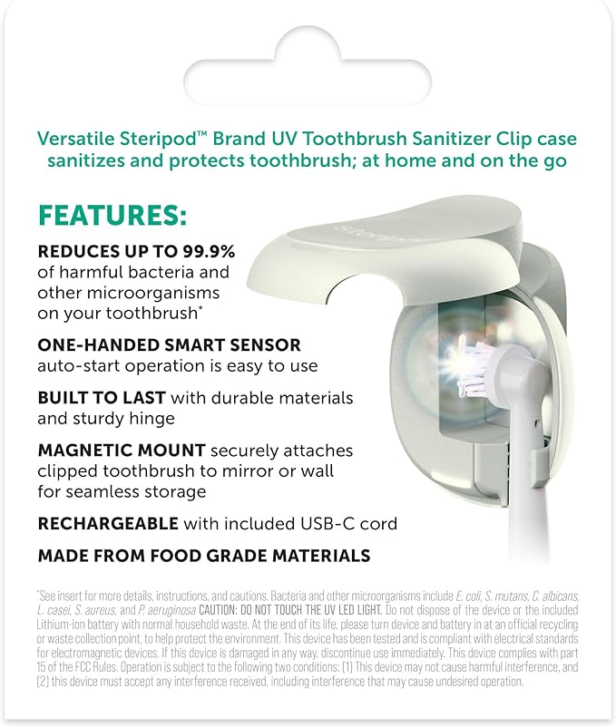 Steripod Brand Portable UV Toothbrush Sanitizer Clip, Rechargeable, Pearl, 1 Count