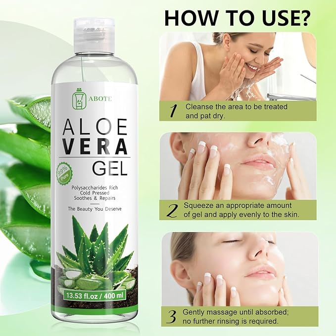 ABOTE Organic Aloe Vera Gel from 99% Pure Aloe for All - Ideal for After Suncare, Post - Shave & Itchy Skin - Works on Face, Body & Hair Care, Family Pack Size 13.53 fl oz, 400ml