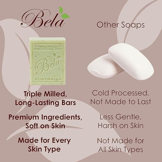 BELA Honey and Goat Milk Soap 3.3 OZ Pack of 6, Long Lasting French Triple Milled Bar Soap with Organic Shea Butter, Hand, Face and Body Wash Bar, Made in Australia