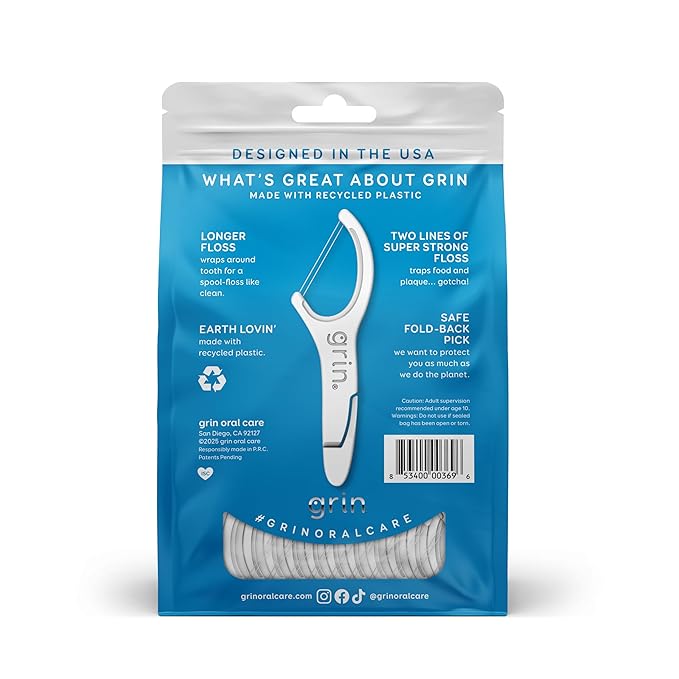 GRIN Double Flosspyx, Floss Picks, 150 ct, Dental Flossers, Minty Flavor, Recycled Plastic, 2 Lines of Strong Floss, Longer Floss Head, Traps Food and Plaque, Includes Safe Soft Fold-Back Tooth Pick