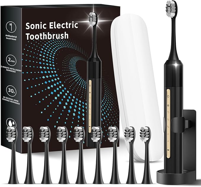 Sonic Electric Toothbrush with 10 Brush Heads for Adults and Children, Up to 90 Days on a Single Charge, 5 Modes, Built-in 2-Minute Smart Timer, IPX8 Waterproof Electric Toothbrush (Black)