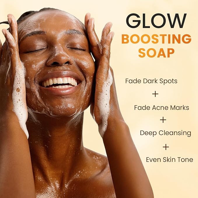 QOOQ Turmeric Kojic Acid Soap for Dark Spots Remover – Facial Cleansing Bar with Vitamin C, Retinol, Collagen, Vitamin E, Glycerin, Shea Butter & Castile Olive Oil – Soap for Women & Men (120g x 4)