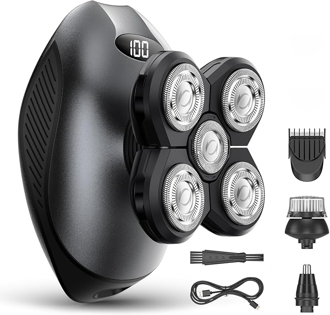 Electric Razor for Men, Head & Body Hair Shaver for Men, Cordless Rechargeable Wet/Dry Bald Head & Groin Waterproof Razor with Rotary Blades,Clippers, Beard Trimmer,Nose Trimmer, Brush (Gray)