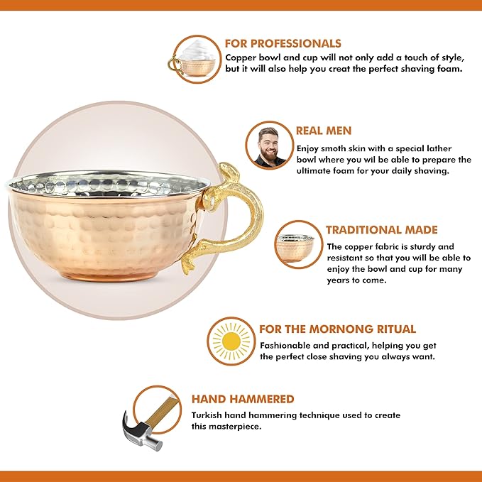Copper Lather Cup – Turkish Hand-Hammered Traditional Grooming Accessory – Safety Razor Bowl & Brush Holder – Classic Barber Shop Utensil