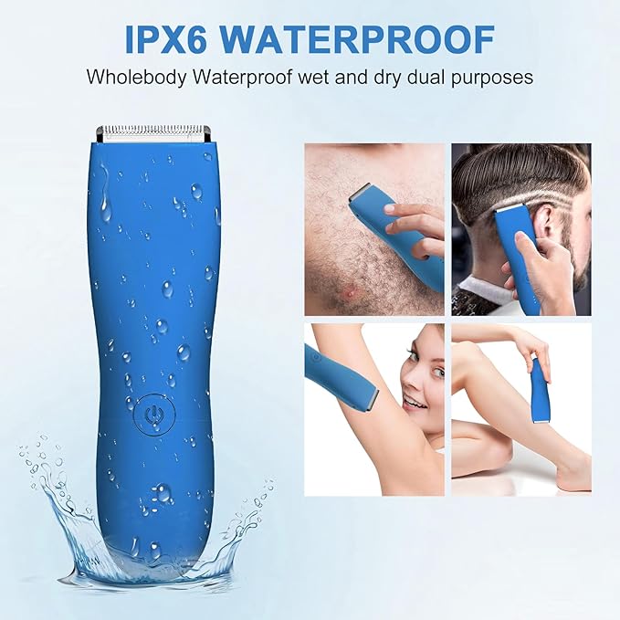 Pubic Hair Trimmer for Men and Women,Electric Shaver for Chest,Legs & Bikini,Waterproof Wet/Dry Shaver,USB Recharge Dock (Blue)