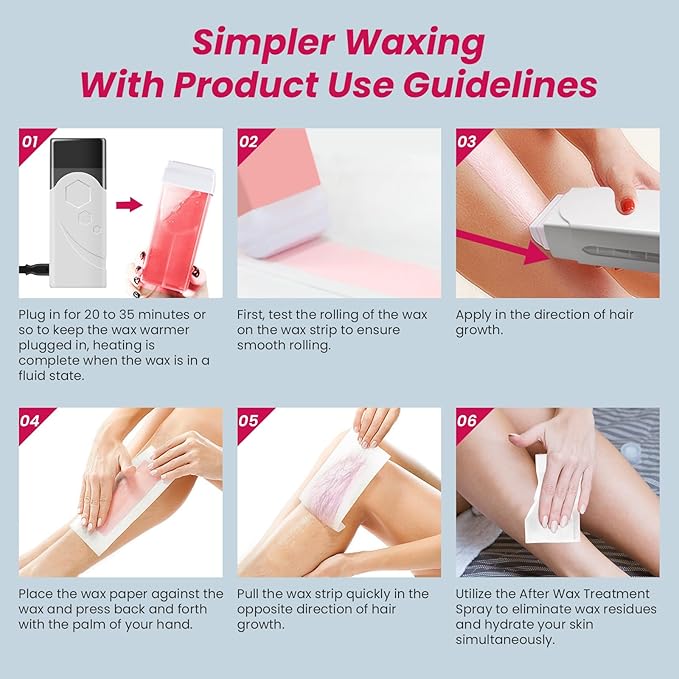 Roll On Wax Kit, Portable Wax Roller Kit for Coarse/Fine Hair Removal, Beginners Waxing Roller for All Skin Types with 3 Pcs 100g Roll Cartridge, 100 Non-Woven Strips & 10 After Oil Wipes (F0_White)