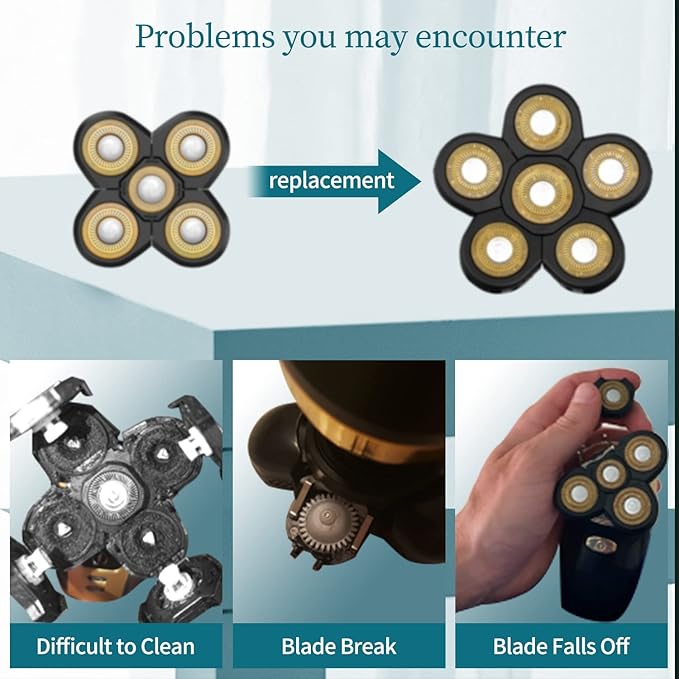 Roziapro Upgrade 6D Electric Shaver Replacement Head Freedom Head Shaver Replacement Blades Head Shavers for Bald Men Replaceable Head Waterproof Blades for Men 5 in 1 Replacement Blade Head(Gold)