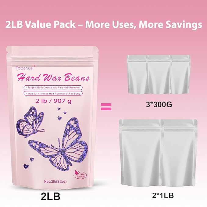 Wax Beads with Coarse Hair Formula, 2lbs Hard Wax Beads for Hair Removal and Sensitive Skin, Hard Wax Beans for Bikini, Brazilian, Legs, Underarms, Chest, Full Body Waxing (Natural Lavender)