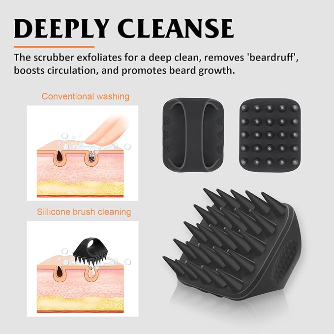 Beard Scrubber & Hook - Silicone Beard Brush for Deep Cleaning and Exfoliation, Helps Reduce Dandruff & Itching, Non-Slip Handle & Soft Durable Longer Bristles