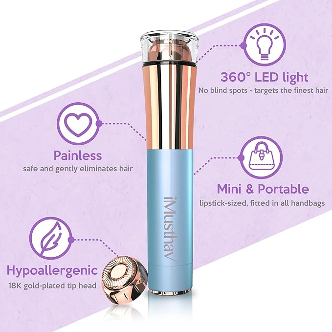 Portable Flawless Facial Hair Remover for Women – Painless, Fast & Precise Flawless Electric Razor & Epilator for Face, Lips, Chin hair removal – 18K Gold-Plated, 360° LED Light