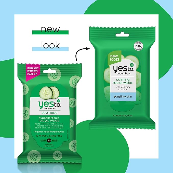 Yes To Cucumbers Travel Facial Cleanser Wipes 10 Count - Aloe Soothing Makeup Remover for Sensitive Skin - Hydrating Face Wipe, Perfect Christmas Stocking Stuffer