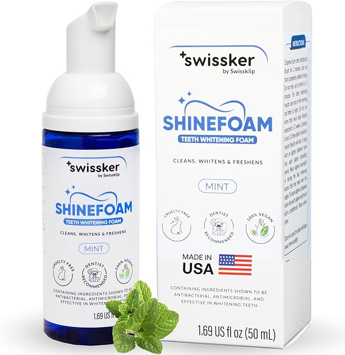 Swissker by Swissklip ShineFoam | Teeth Whitening Foam | Mint Flavor Whitening Toothpaste | Teeth Whitener I Professional Teeth Whitening Kit | 100% Vegan - Made in USA - 1.69 oz - Pack 1