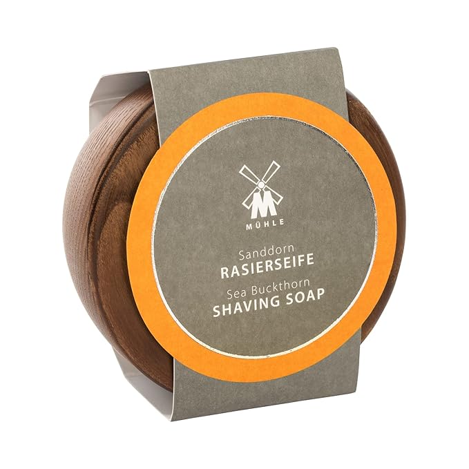 MÜHLE Wooden Bowl with Shaving Soap | Sea Buckthorn | 65 Grams | Shave Soap for Men | Steamed Ash Shaving Bowl | Rich & Light Soap Formula | Nurturing Shave Soap Lather