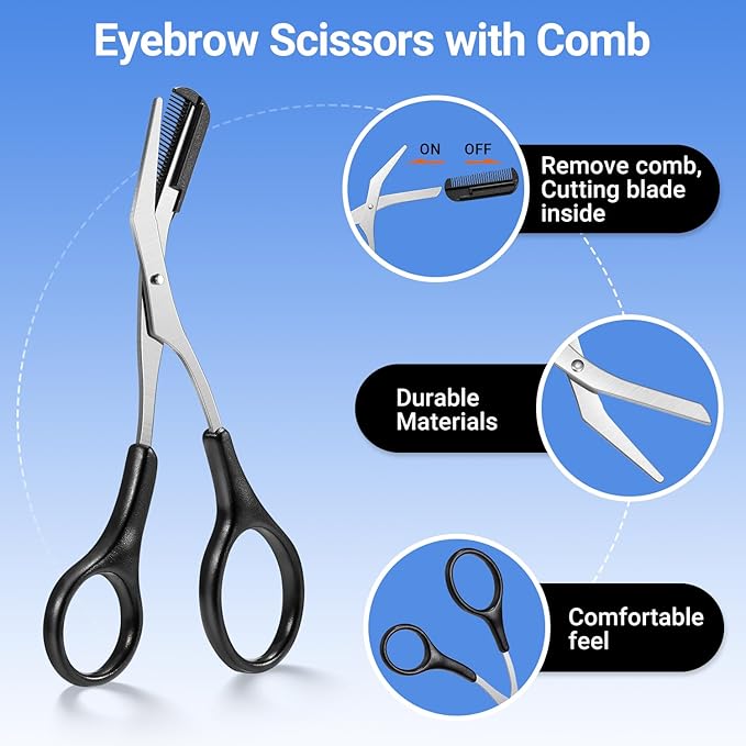 TsMADDTs Eyebrow Kit, 8 in 1 Eyebrow Trimmer Scissors, Tweezers for Women, Razor, Brush with Travel Bag, Tweezers Set for Women and Men, Professional Shaping Grooming Kit