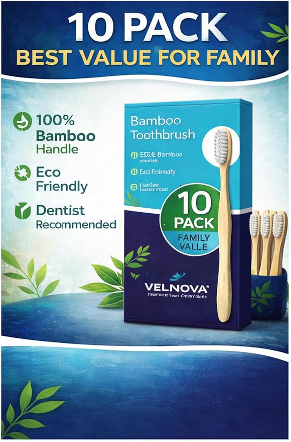 Pure Bamboo Toothbrushes (10 Pack) – Soft BPA-Free Bristles, Eco-Friendly Biodegradable Wooden Handle, Vegan & Plastic-Free Toothbrush for Adults & Kids, Sustainable Oral Care