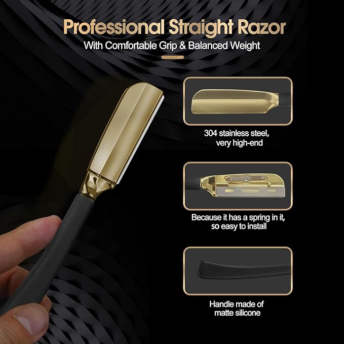 Straight Edge Shaving Razor for Men, Professional Silicone Handle Stainless Steel Barber Razor - Salon Cut Throat Shavette with 15 Guarded Blades (Gold)