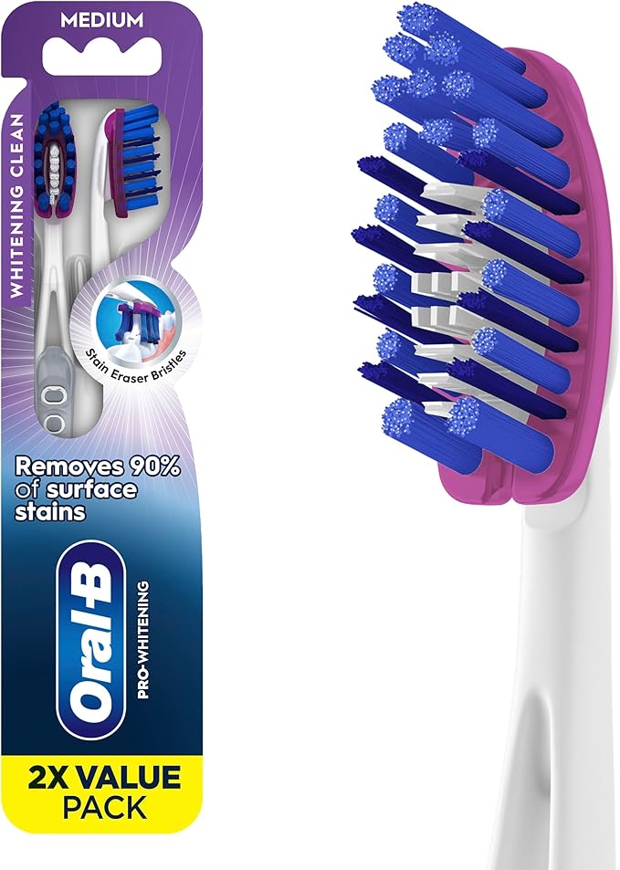 Oral-B 3D White Deep Stain Remover toothbrushes, 2 count toothbrush MEDIUM, Removes 90% of surface stains, whitens teeth, deep reach, removes plaque and stains tooth brush