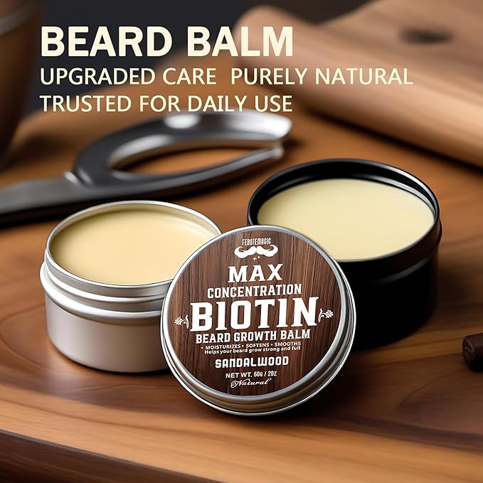 2 Pack Biotin Beard Balm Set for Men – Natural & Vanilla Butters – Non-Itchy, Moisturize, Strengthen & Shape Beards – Grooming Gift Set for Father's Day, Anniversaries, Christmas (Natural & Vanilla)