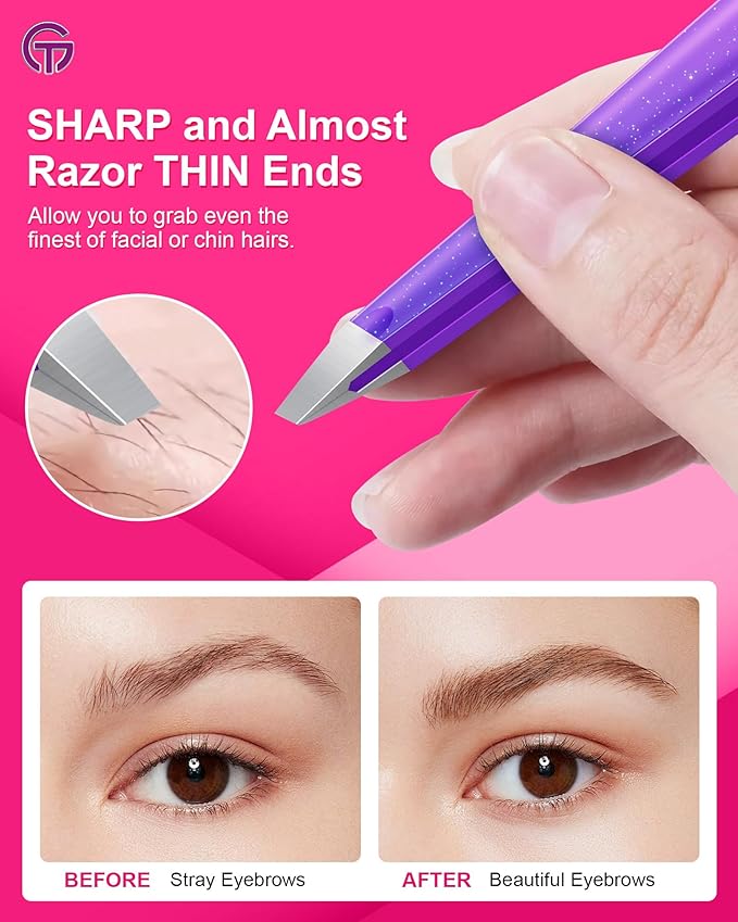 Expert Slant Tip Tweezers with Leather Travel Case, GlamTweeler Sharp & Precision Stainless Steel Tweezer for Eyebrows, Facial Hair and Fine Hairs Removal (Sparkle Deep Violet & Lavender)