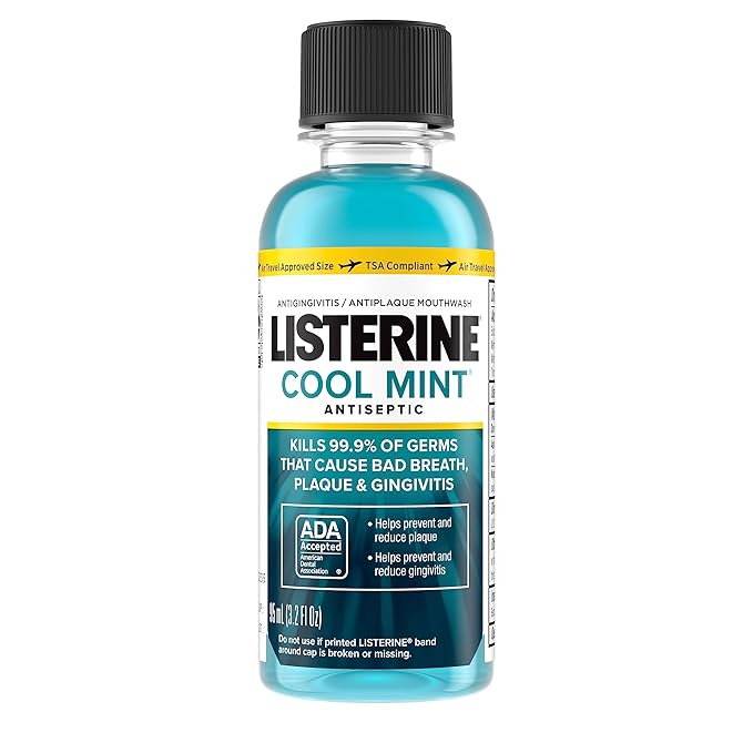 Listerine Cool Mint Antiseptic Mouthwash for Bad Breath, Plaque and Gingivitis, Travel Size, 3.2 Fl Oz, Pack of 1