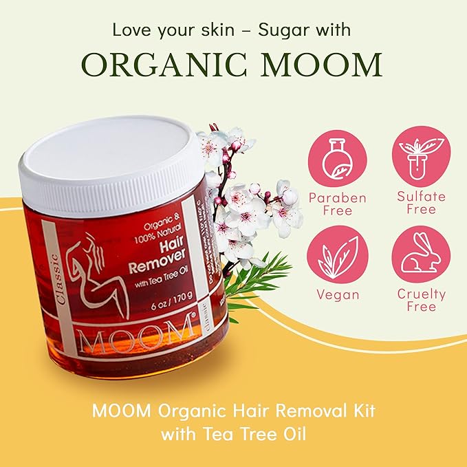 MOOM - Organic Sugar Wax Hair Removal Kit for Underarm, Face & Bikini, Infused with Tea Tree Oil, Includes Wax Strips & Sticks, Ideal for Sensitive Skin - 6 oz
