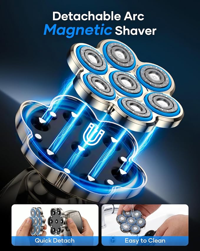 7D Head Shavers for Bald Men, 5-in-1 Magnetic Detachable Head Shaver, IPX7 Waterproof Electric Razor for Wet/Dry Use, Shaving Grooming Kit for Balder, LED Display, Type-C Charge