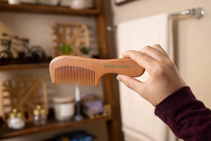 GranNaturals Wooden Comb with Handle - Fine Wood Toothed Styling & Grooming Tools for Men & Women - Detangler for Beards, Mustache - Anti-Static Styler for Long, Straight, Wavy, Curly, Coarse Hair