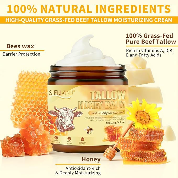 Beef Tallow for Skin, 100% Organic Grass-Fed Beef Tallow & Raw Honey Balm - Deep Nourishing Moisturizer for Face and Body, Sensitive Skin - All Natural Formula - 4.2 OZ